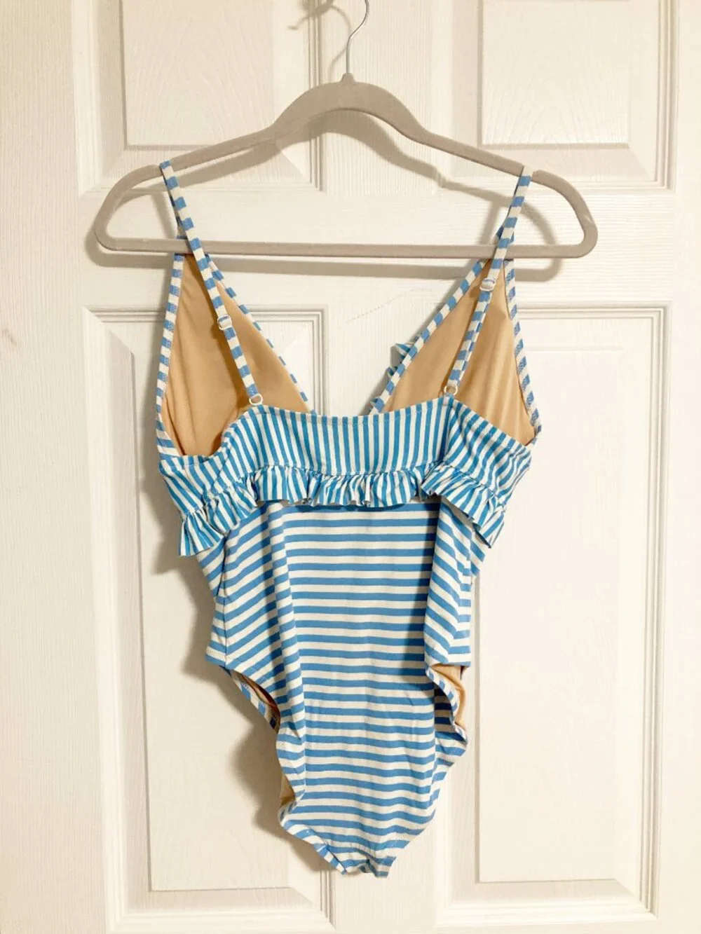 J. Crew Ruffle Plunging One-Piece Swimsuit Blue & White Stripe Size 10